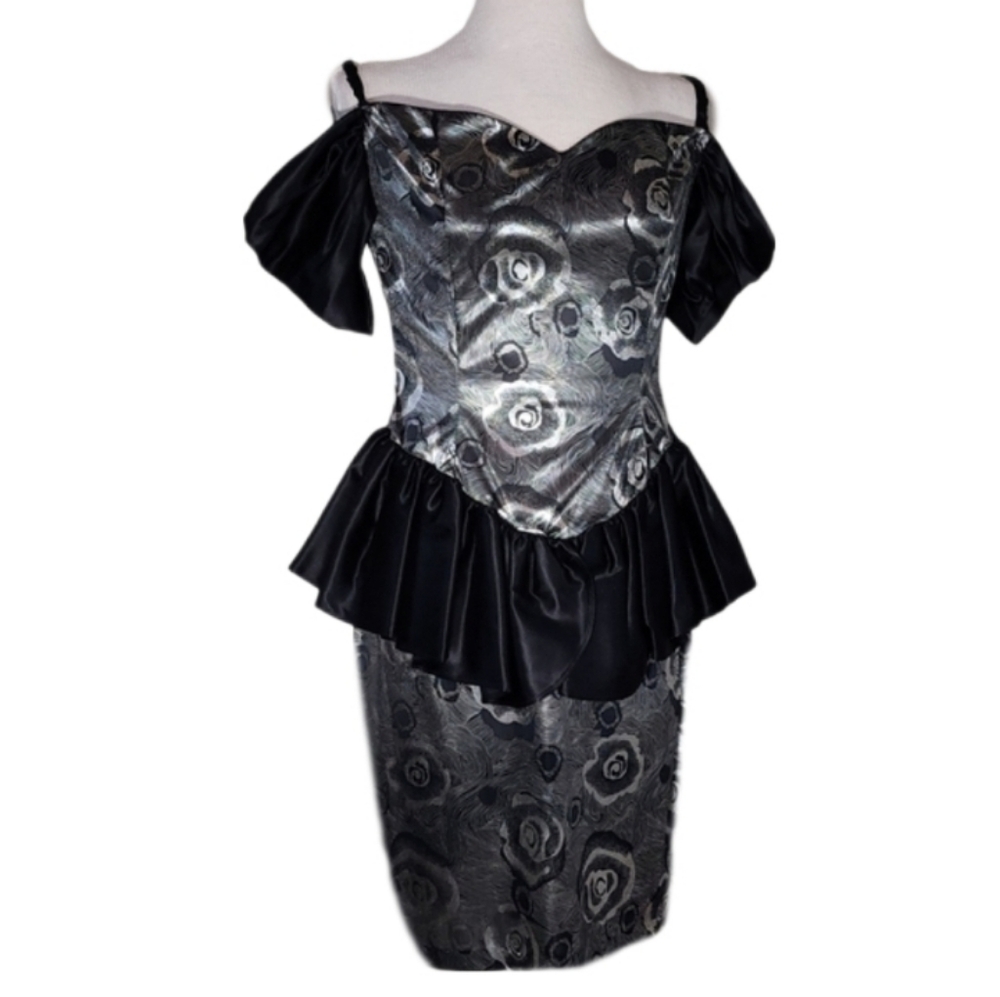 Vintage Dress 1980s Shiny Semi Sheer Floral Accent Silver Size - Picture 4 of 12
